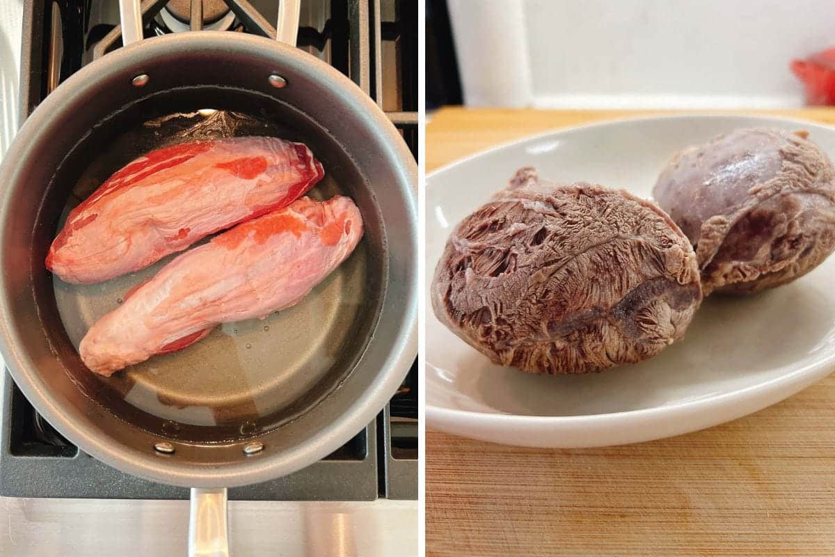 Side-by-side images: on the left, two raw beef shank in a pot on a stove; on the right, two cooked beef shanks on a white plate atop a wooden surface, reminiscent of Taiwanese Braised Beef Shank preparations.