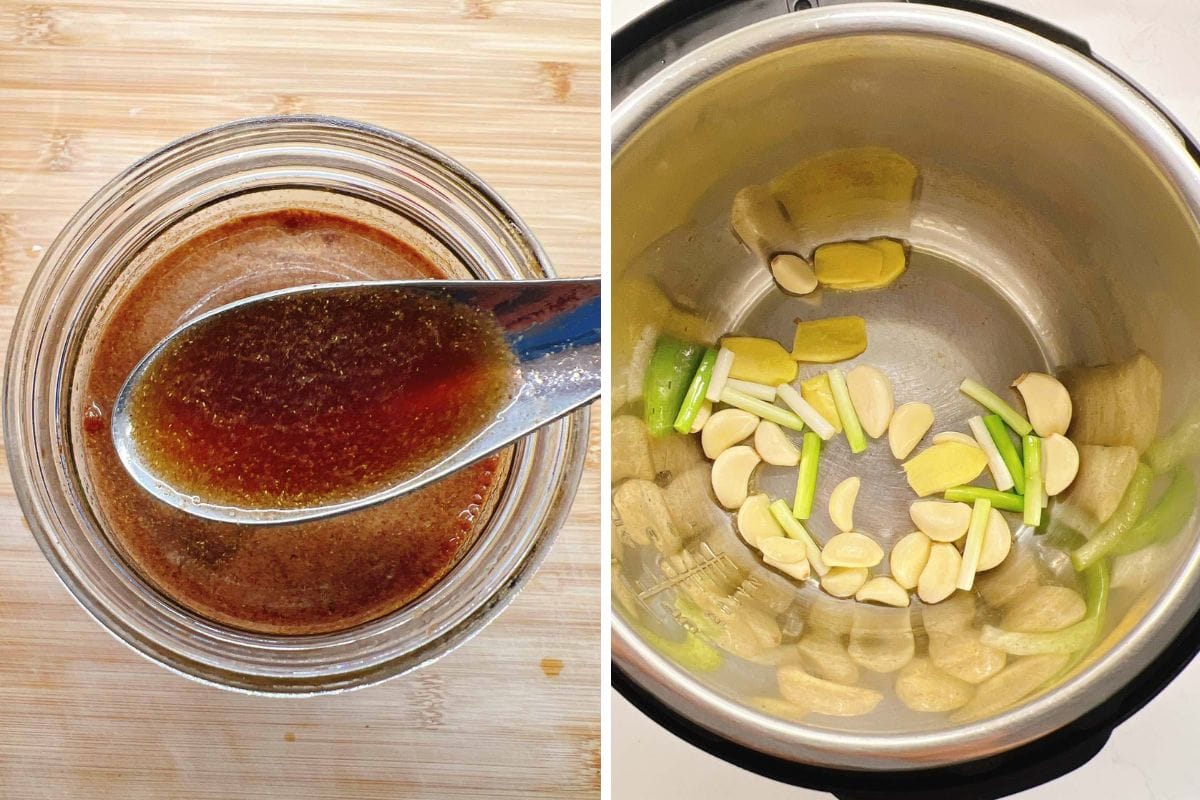Side-by-side images: On the left, a spoon holds brown braising liquid above a jar. On the right, ingredients for Taiwanese Braised Beef Shank—sliced ginger, garlic, and green onions—are arranged in the bottom of an instant pot pot.