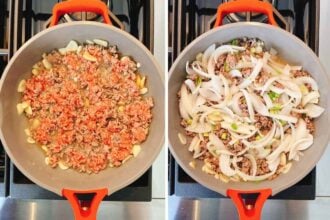 Side-by-side images of a red-handled skillet on a stove. The left shows ground beef meat and garlic cooking; the right features sliced onions and green peppers added, preparing the savory base for Bulgogi Fries.