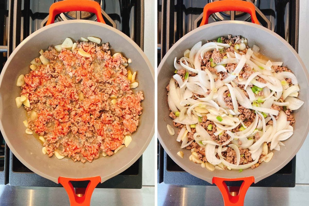Side-by-side images of a red-handled skillet on a stove. The left shows ground beef meat and garlic cooking; the right features sliced onions and green peppers added, preparing the savory base for Bulgogi Fries.