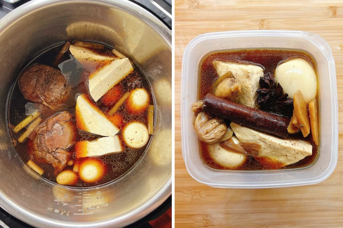 Two images: on the left, a pot with Taiwanese Braised Beef Shank, tofu, eggs, spices, and broth; on the right, the same ingredients in a square container on a wooden surface, showcasing marianting the ingredients after cooking.