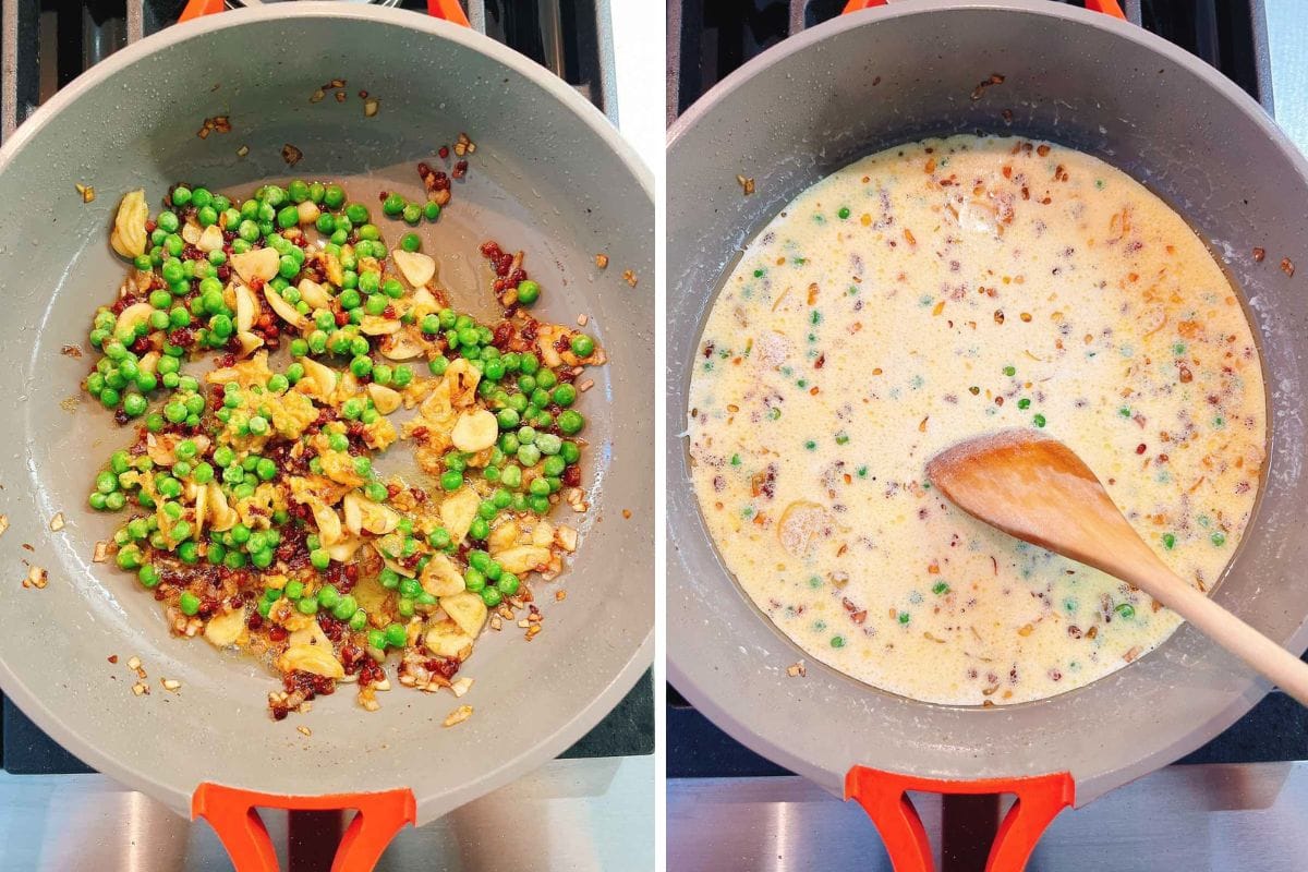 Side-by-side images of a red-handled skillet on a stove. Left: peas added to the pan, and browned pancetta bits sautéing. Right: the same mixture simmering in a creamy milk cream for miso butter pasta, stirred with a wooden spoon.