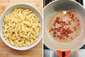 Split image: Left, a bowl of cooked casarecce pasta on a wooden surface. Right, a frying pan sizzling with oil and pancetta bits, ready for the flavors of miso butter pasta to come together on the stovetop.