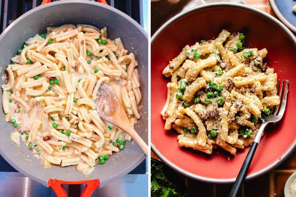 Split image: Left shows a pan of creamy miso butter pasta with peas and a wooden spoon on the stove. Right side features a serving in a red bowl, topped with peas, grated cheese, and a fork.