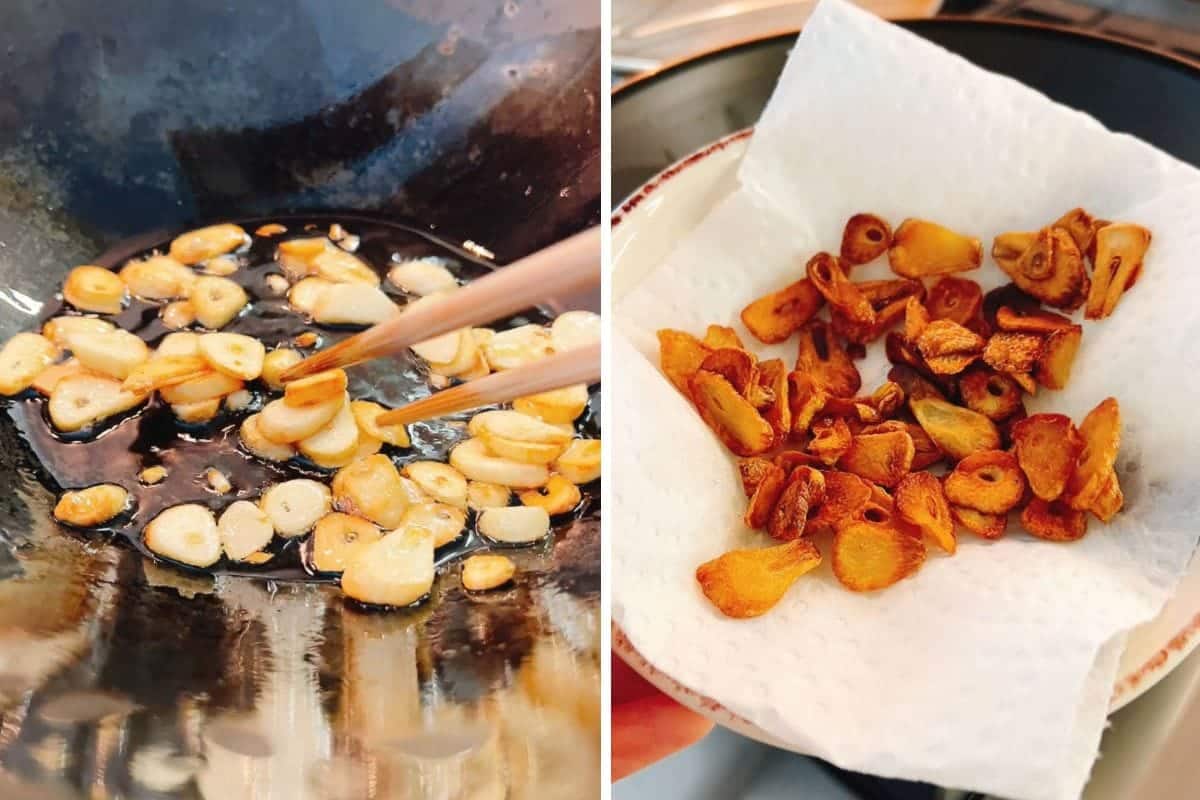 Left: Sliced garlic being stir-fried in oil in a pan with chopsticks. Right: Golden brown fried garlic slices, just like those topping Din Tai Fung's Taiwanese Cabbage, draining on a paper towel.