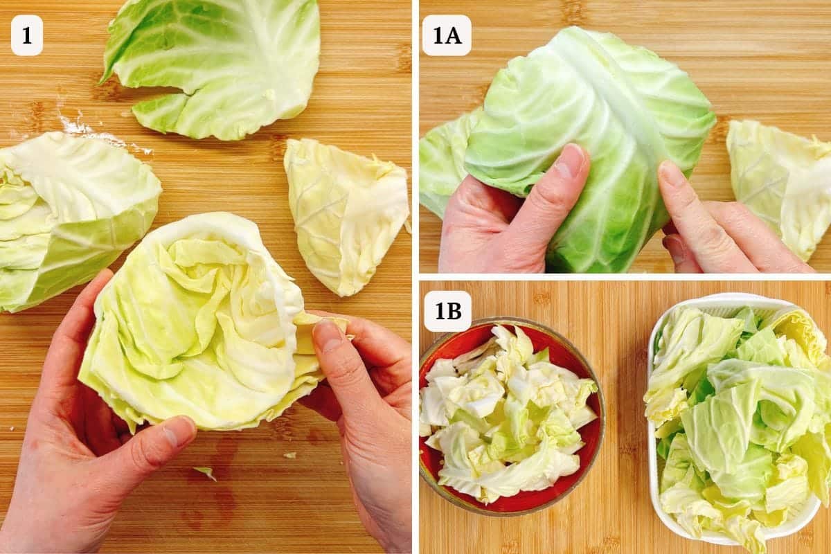 Step-by-step images showing how to separate Taiwanese cabbage leaves: whole cabbage being cut, hands peeling off a leaf (like at Din Tai Fung), and bowls with separated cabbage leaves from the stems on a wooden surface.
