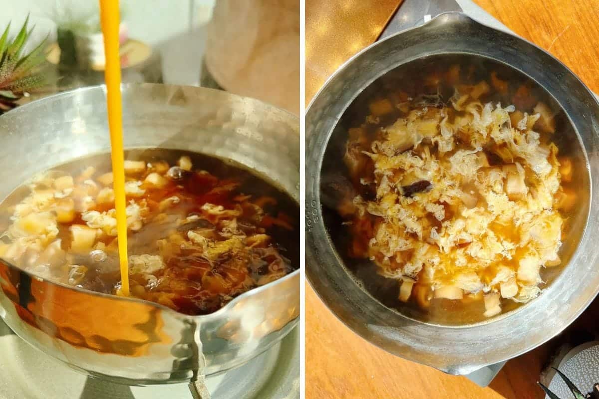 A collage shows two photos of a pot of Egg drop soup with noodles . The left photo shows stream of eggs poured in; the right shows fluffy egg ribbons floating in the egg drop soup.