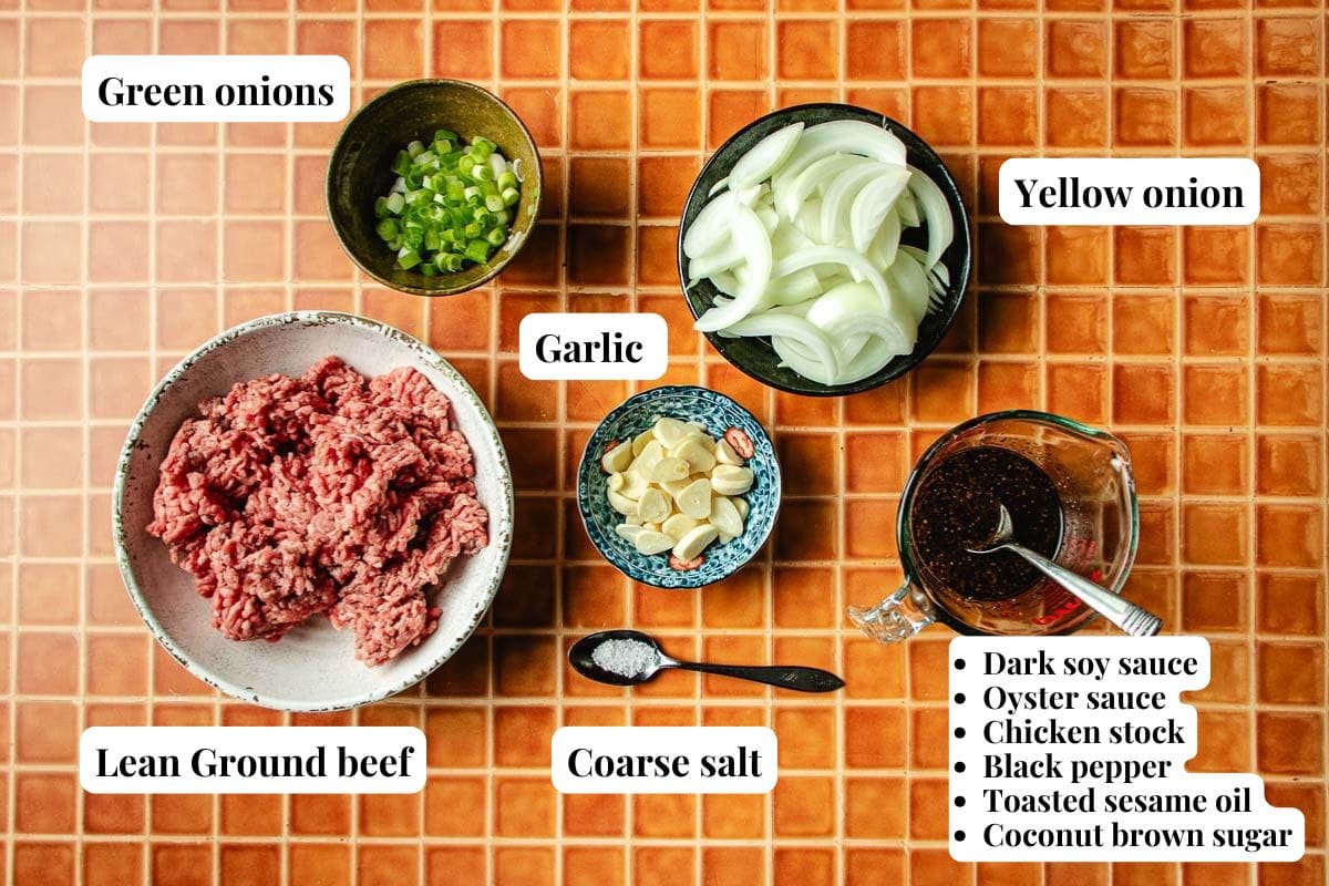 Top-down view of bowls on an orange tiled surface with labeled ingredients for Bulgogi Fries: green onions, yellow onion, garlic, lean ground beef, coarse salt, and a measuring cup filled with sauces and seasonings.