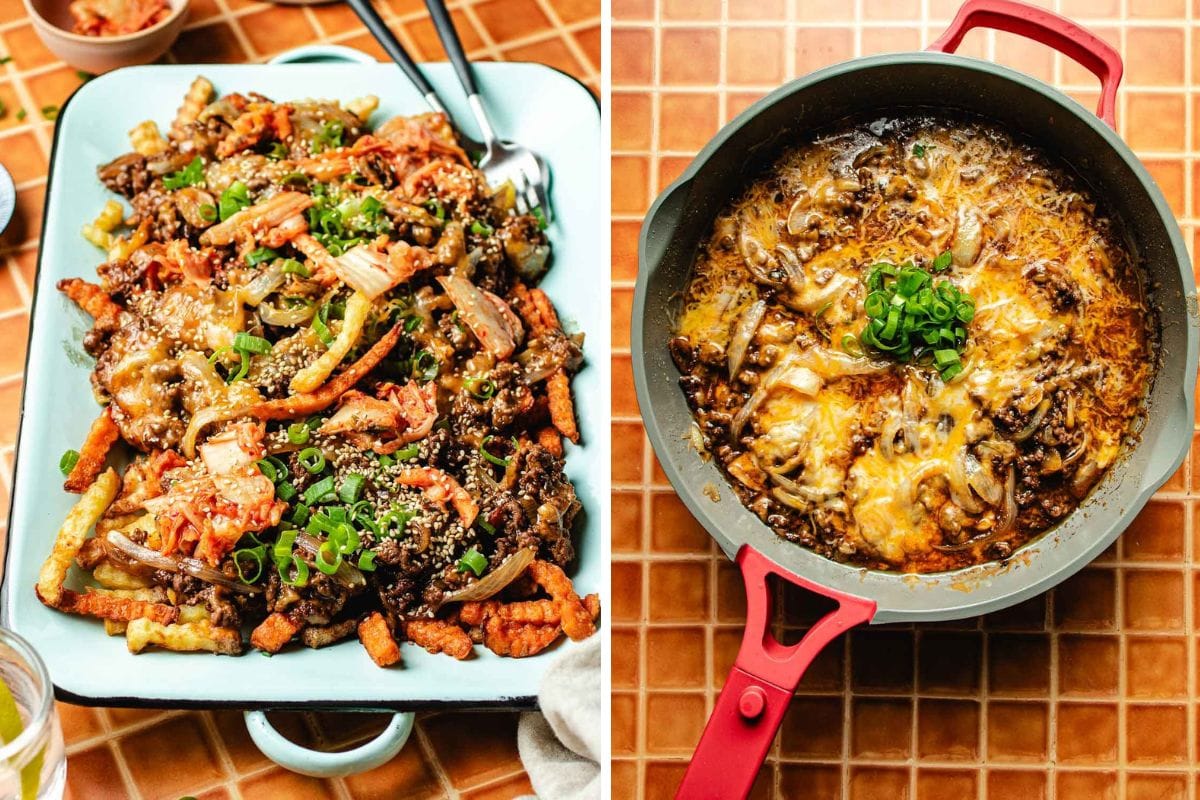 A divided image shows Bulgogi Fries loaded with beef, kimchi, cheese, and green onions on the left, and a skillet with melted cheese, beef, and sauce topped with green onions on the right, both set on a tiled surface.