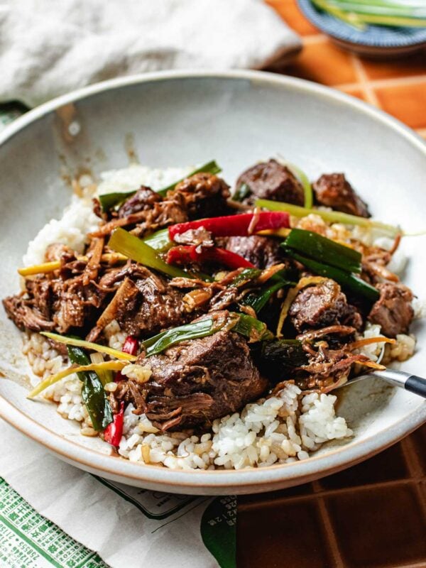A bowl of steamed white rice topped with tender braised pork, sliced green onions, and red and green chili peppers, served with a fork—perfect for fans of Mongolian Pork Slow Cooker flavors.