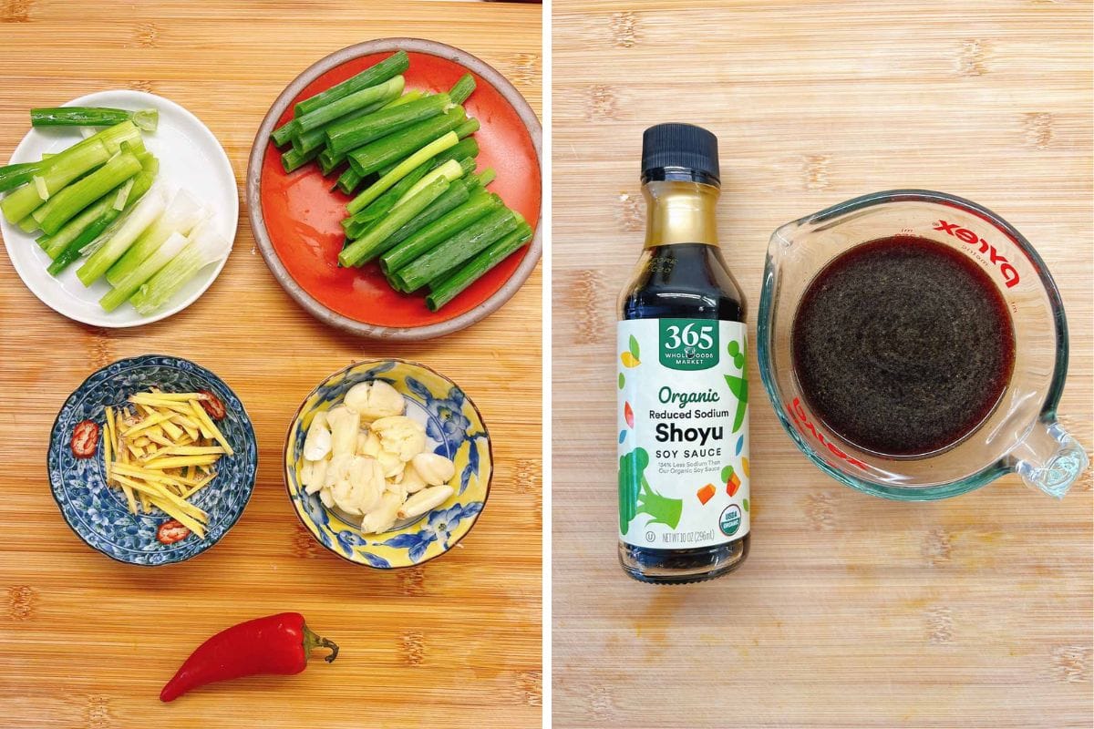 Five small bowls with chopped green onions, okra, sliced chili, ginger, and garlic are on the left; on the right, ingredients for Mongolian Pork Slow Cooker, including soy sauce and a measuring cup with dark sauce, rest on a wooden surface.