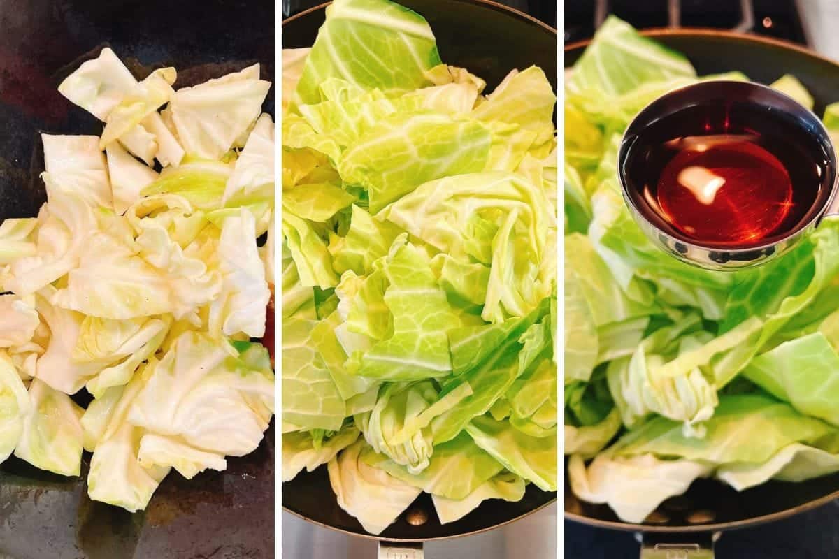 Three side-by-side images show chopped Taiwanese Cabbage in a pan, cabbage being cooked with garlic, and a hand holding a small cup of Taiwanese cooking wine (mijiu) over the cabbage, likely preparing to add sauce inspired by Din Tai Fung.