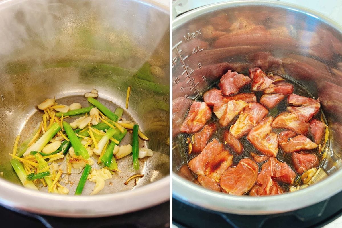 A split image shows, on the left, sliced green onions, ginger, and garlic sautéing in a metal pot; on the right, raw pork chunks marinate in liquid—ideal steps for preparing savory Mongolian Pork Slow Cooker recipes.