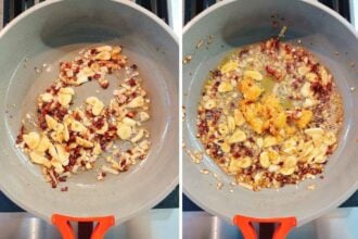 Side-by-side images of a frying pan on a stovetop. The left shows sliced garlic and chopped shallots sautéing for miso butter pasta, while the right shows the butter and miso paste mix bubbling in oil with added seasonings or sauce.