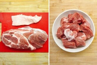 Two images side by side: on the left, a slab of raw pork and a strip of fat on a red cutting board; on the right, several chunks of pork in a white bowl, prepped for Mongolian Pork Slow Cooker recipes on a wooden surface.