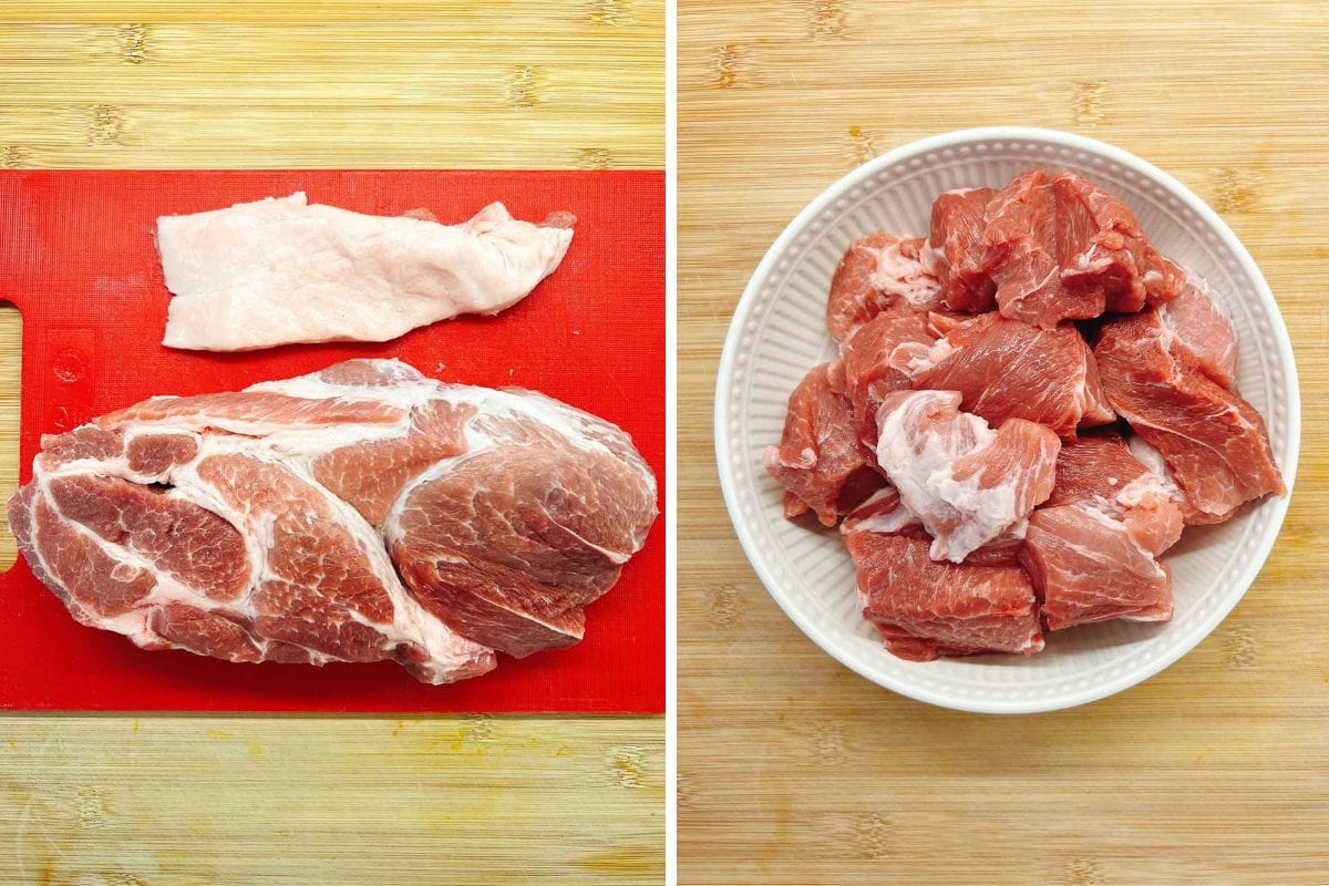 Two images side by side: on the left, a slab of raw pork and a strip of fat on a red cutting board; on the right, several chunks of pork in a white bowl, prepped for Mongolian Pork Slow Cooker recipes on a wooden surface.