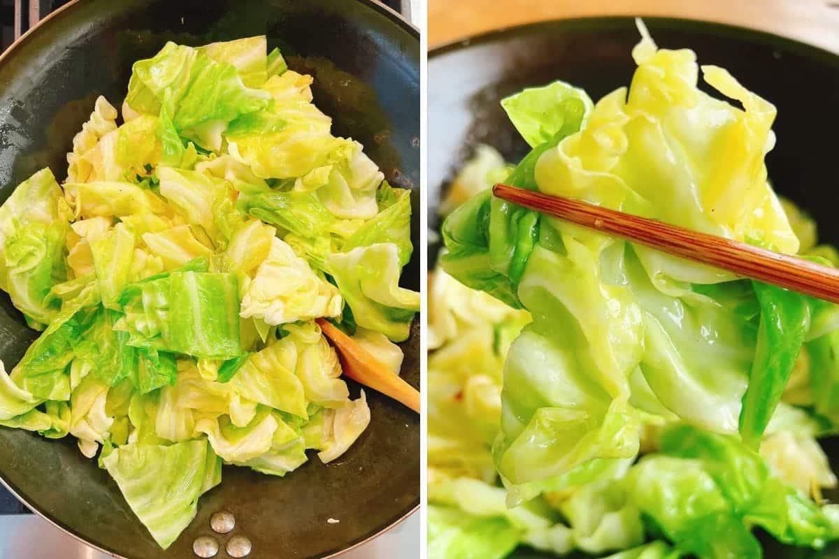 Two images: On the left, fresh Taiwanese Cabbage and garlic being stir-fried in a pan with a wooden spatula. On the right, a close-up of cooked cabbage held by chopsticks, highlighting its tender texture.