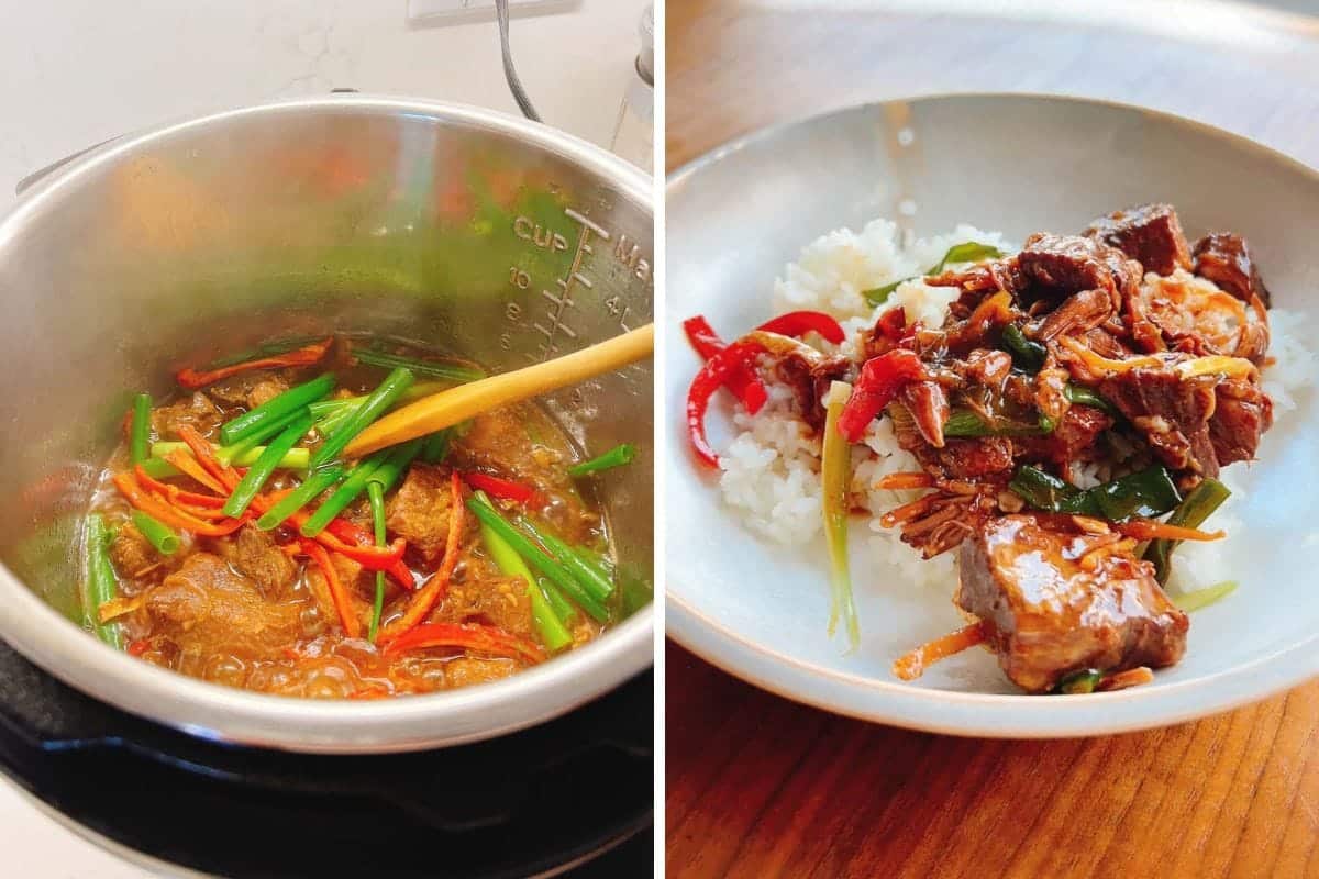 A collage of food in a bowl featuring tender Mongolian Pork Slow Cooker highlights.