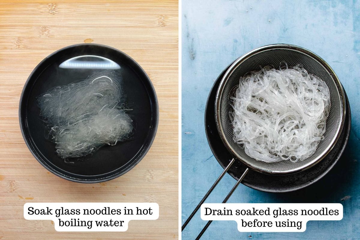 Two-step process: Left, glass noodles soaking in hot water on a wooden surface for a spring roll in a bowl. Right, softened noodles drain in a metal sieve over a bowl on blue. Text instructions are visible below each image.