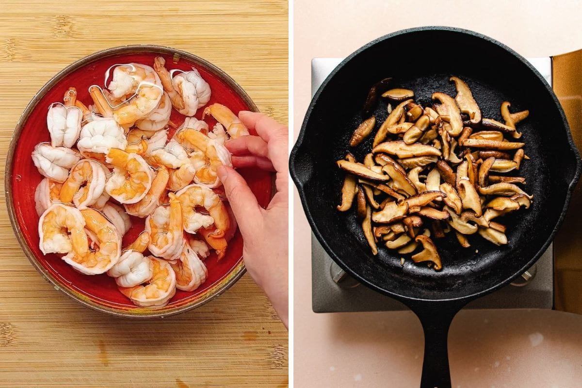 A hand arranges cooked shrimp in a red bowl on the left, creating a spring roll in a bowl, while sliced mushrooms cook in a black cast iron skillet on the stovetop to the right.