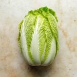 A whole head of napa cabbage with crinkled green leaves and white stalks rests on a light-colored, speckled surface—perfect for learning how to cut Napa cabbage with ease.