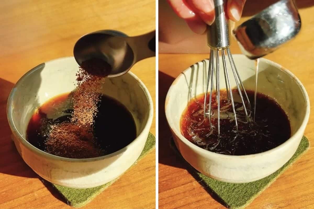 Two images: on the left, a spoon pours brown sugar into a bowl of bowl with dressing liquid; on the right, a hand uses a whisk to mix the oil contents of the bowl to emulsify the Thai sweet chili lime dressing.