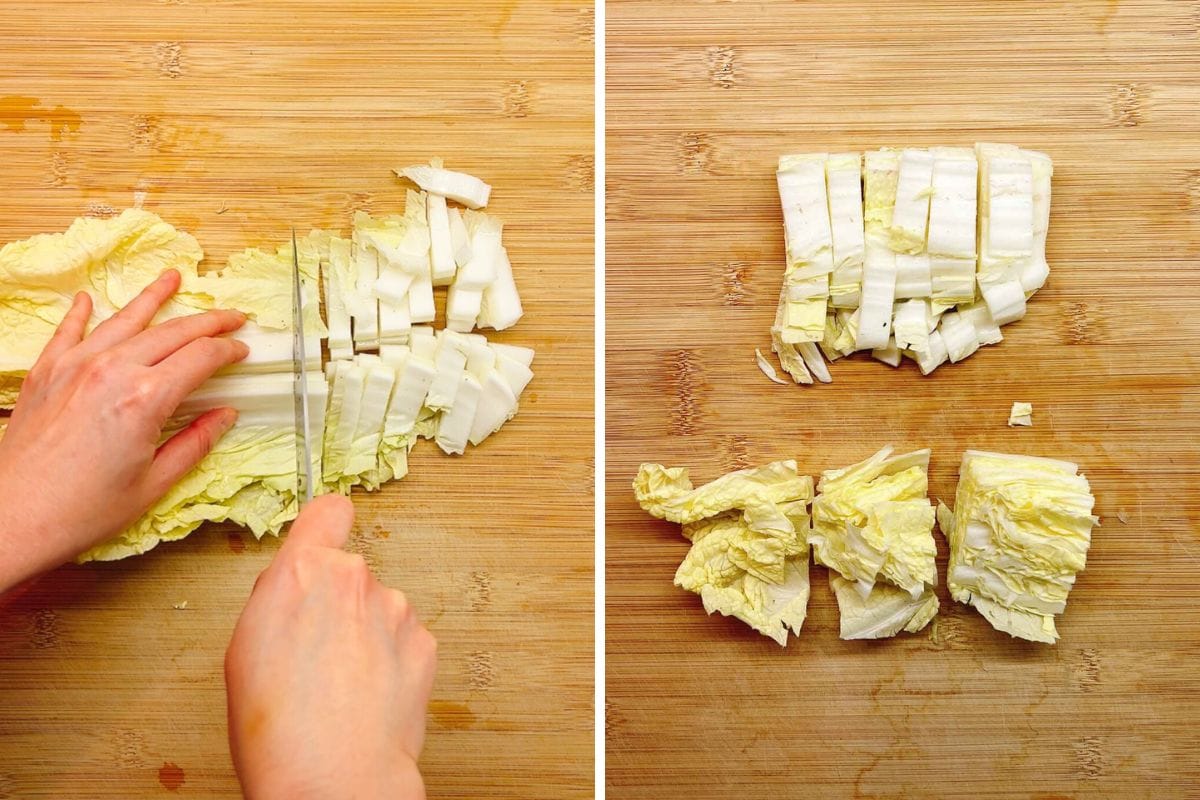 A person demonstrates how to cut Napa cabbage for soup, using a knife to slice it on a wooden cutting board; on the right, the chopped white stems and leafy yellow-green tops are separated.