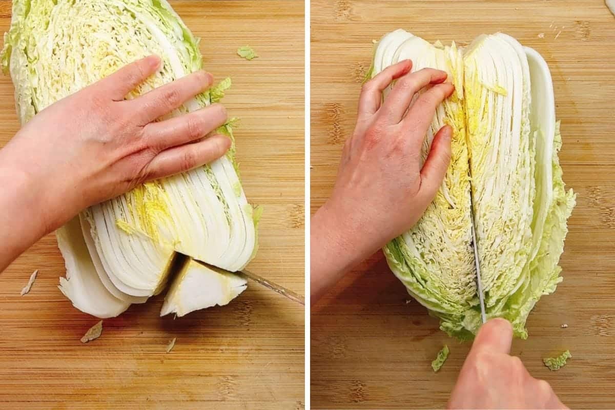 Two side-by-side images demonstrate how to cut a whole Napa cabbage for stir fries, showing a person slicing a head of napa cabbage in half on a wooden cutting board with both hands and a sharp knife.