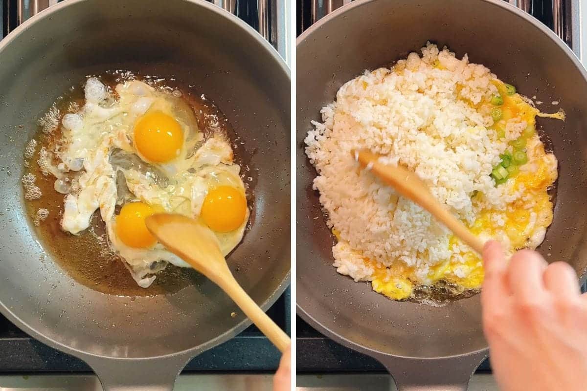 Side-by-side images of a skillet: on the left, three whole eggs are being scrambled with a wooden spoon; on the right, cooked white rice and peas are mixed in for a Din Tai Fung Chicken Fried Rice-inspired dish.