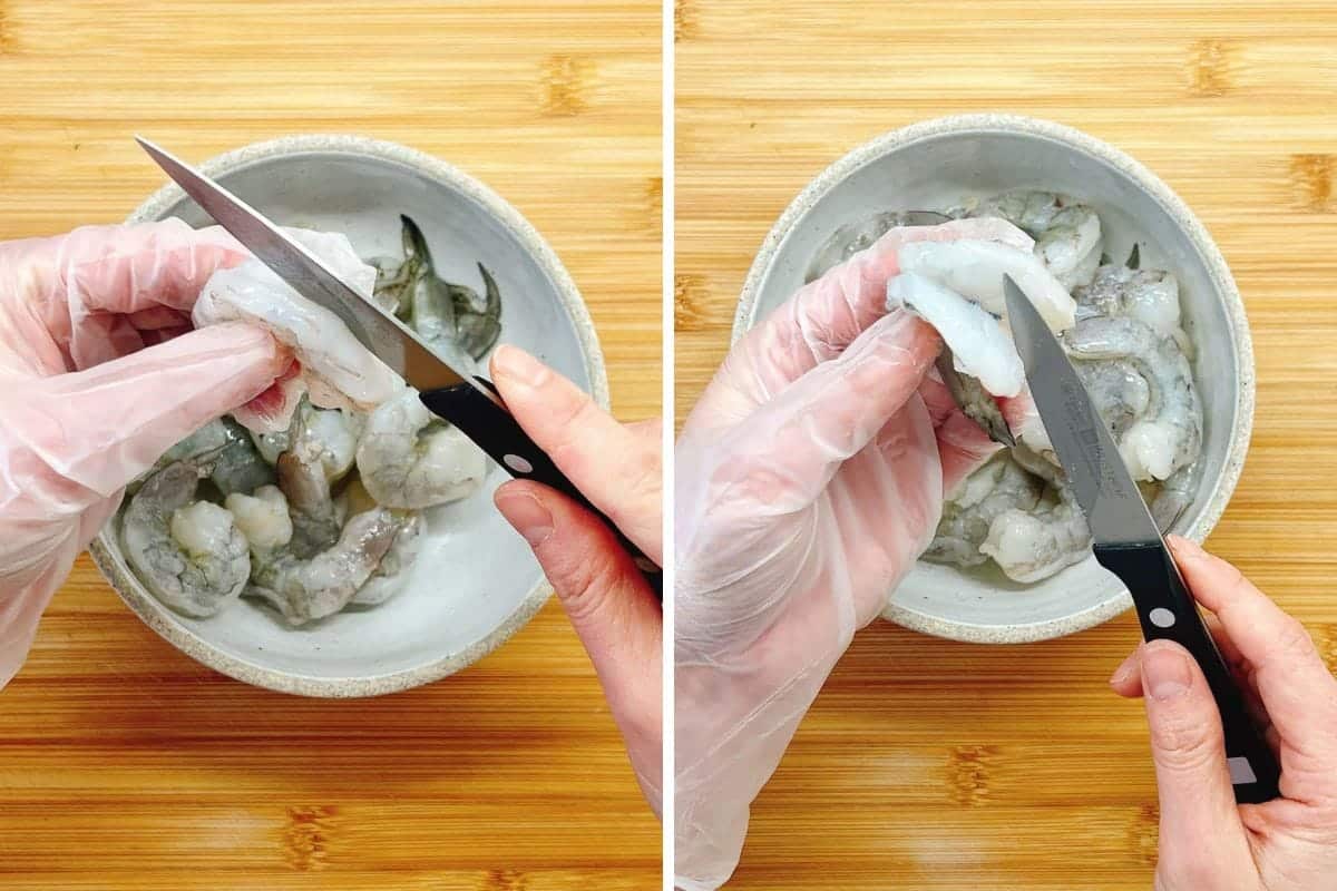 Two images side by side show gloved hands using a knife to butterfly raw shrimp over a bowl on a wooden surface, prepping fresh shrimp for a Shrimp with Tofu Bowl. The knife slices along the shrimp’s back to remove the vein.
