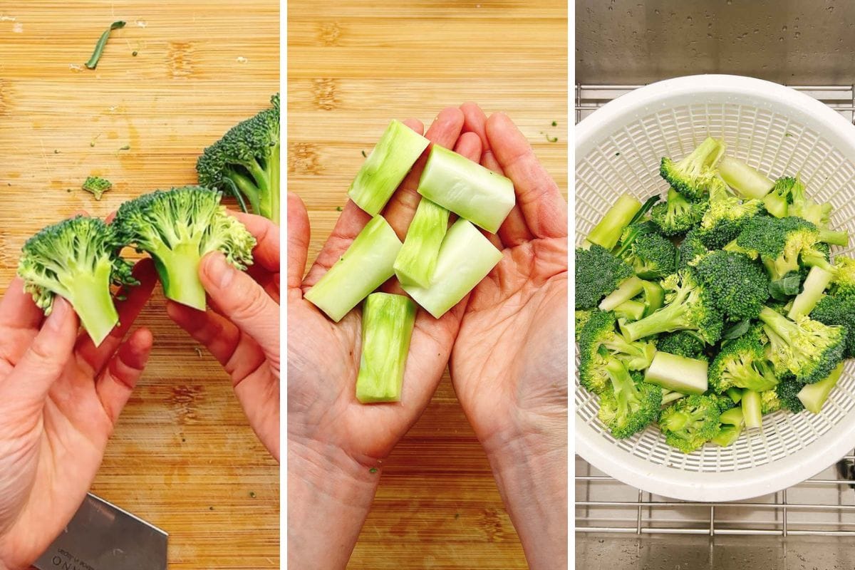 Three-panel image: First, hands hold broccoli florets sliced in half on a wooden board; second, hands display peeled and chopped stems; third, cleaning chopped florets and stems—perfect for making Din Tai Fung Stir Fried Broccoli—are in a white colander.