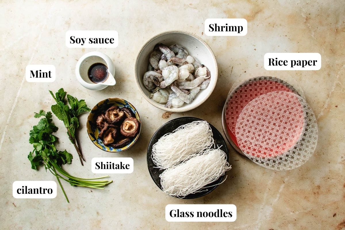 Ingredients for a Spring roll in a bowl labeled on a countertop: shrimp in a bowl, dry rice paper sheets, dry glass noodles, soy sauce in a small pitcher, shiitake mushrooms, fresh mint, and cilantro.