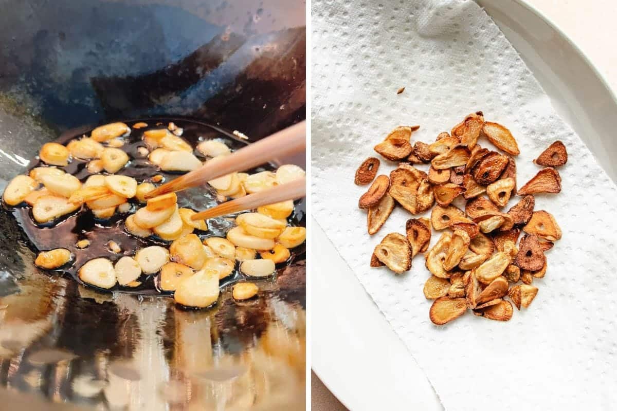 Left: Sliced garlic frying in oil in a pan with chopsticks, a key step for Din Tai Fung Stir Fried Broccoli. Right: Golden-brown fried garlic slices draining on a paper towel on a white plate.