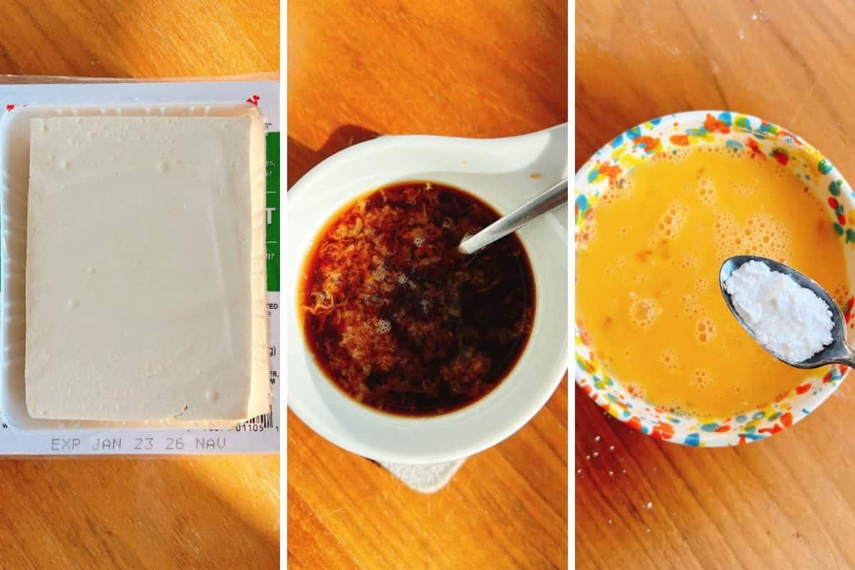 Three side-by-side images: a block of soft tofu on packaging, a bowl of dark sauce with a spoon, and a bowl of beaten eggs with a spoonful of starch above it—perfect ingredients for making Shrimp with Tofu Bowl. All are on a wooden surface.