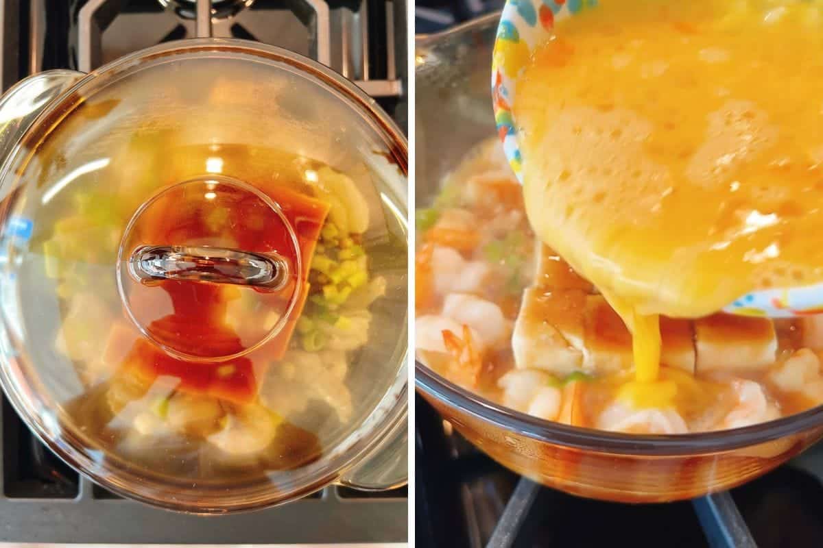 A glass pot on a stove contains tofu, shrimp, green onions, and sauce (left image). In the right image, the Shrimp with Tofu Bowl comes together as beaten eggs are poured over tofu and shrimp in the pot.