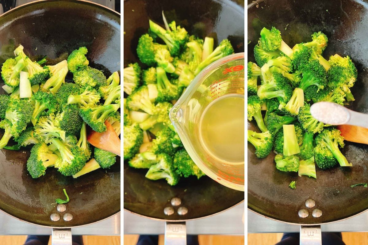 Three images show Din Tai Fung Stir Fried Broccoli being cooked in a pan: first, broccoli is stir fried; second, a small amount of broth is poured over it; third, salt is added as the broccoli cooks.