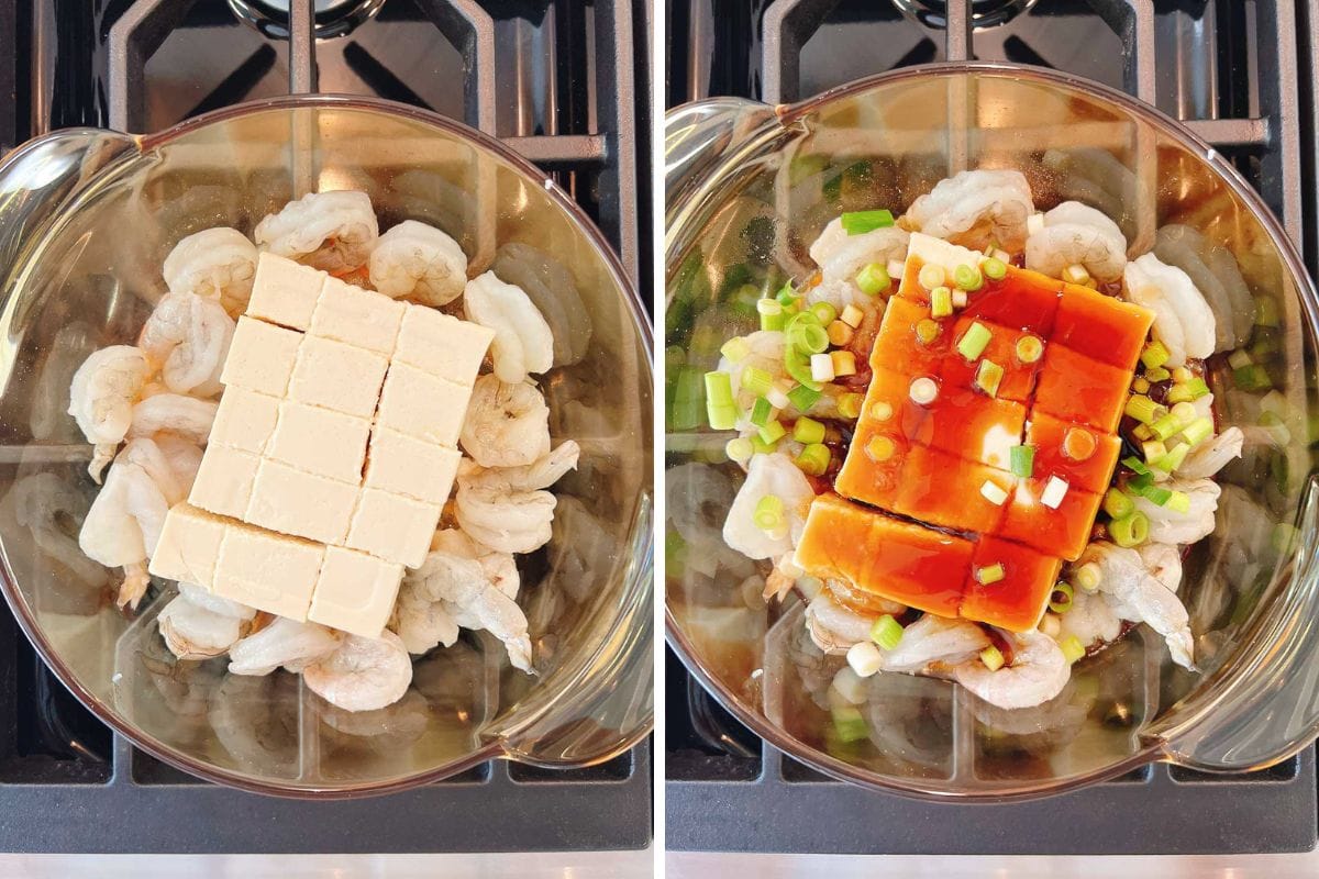 Two side-by-side images show a Shrimp with Tofu Bowl cooking on the stovetop in a claypot. The left highlights shrimp arranged around cubed tofu; in the right image, chopped green onions and brown sauce top the tofu and shrimp.