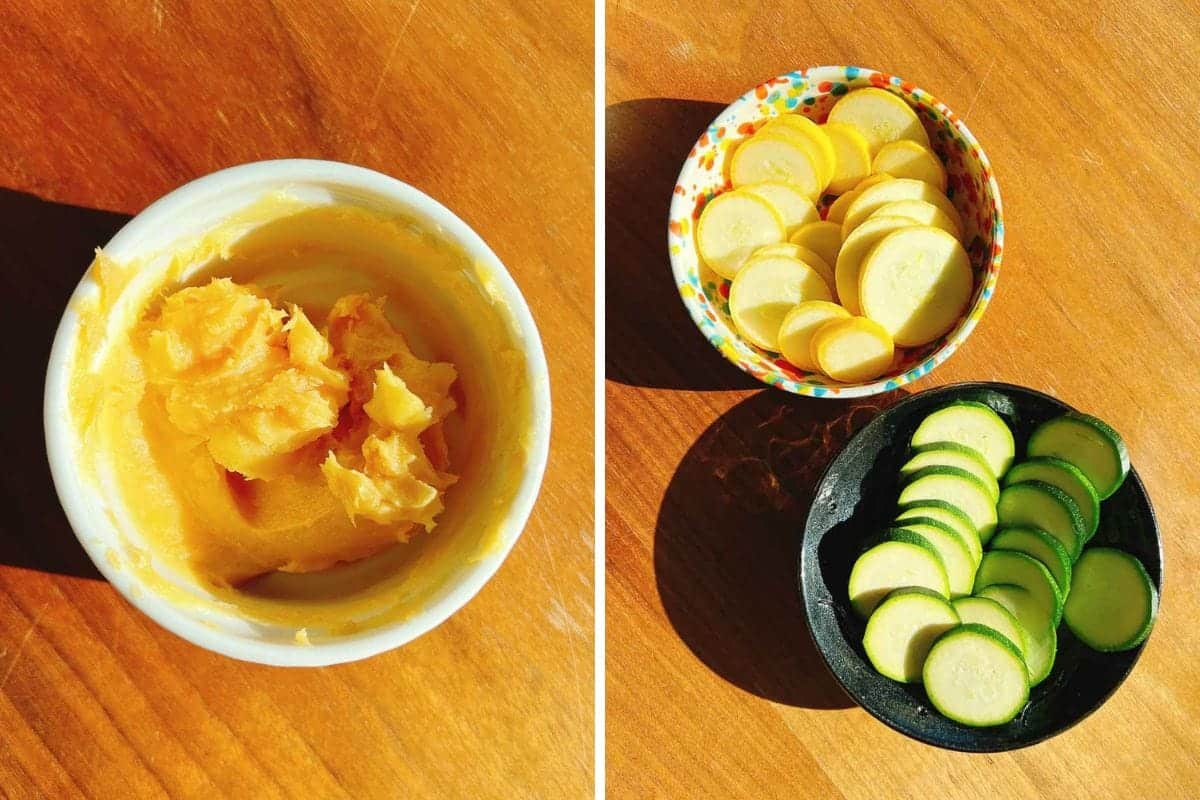 A white bowl with a scoop of mixed miso butter on the left; on the right, two bowls filled with slices of yellow squash and green zucchini, perfect sides for miso butter salmon, all arranged on a wooden surface in bright sunlight.