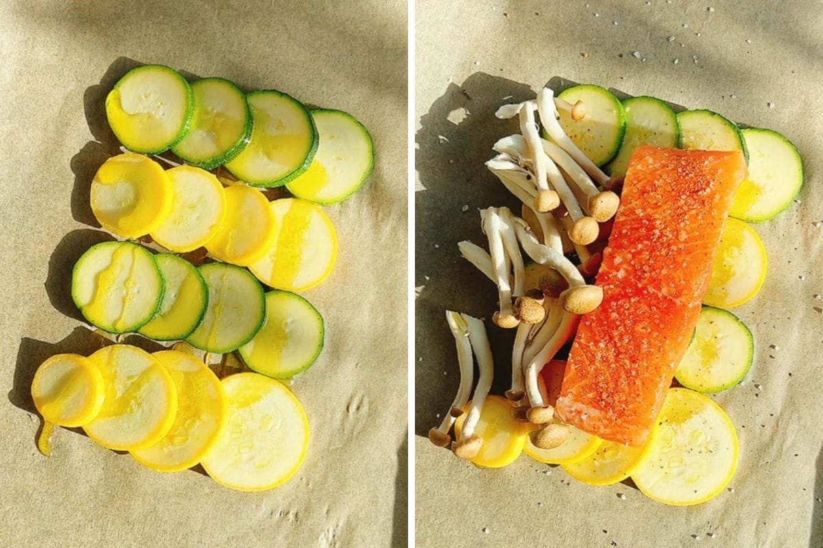 Two side-by-side photos: the left shows sliced yellow squash and zucchini on parchment paper; the right adds a piece of salmon, white mushrooms, and seasoning on top of the vegetables.