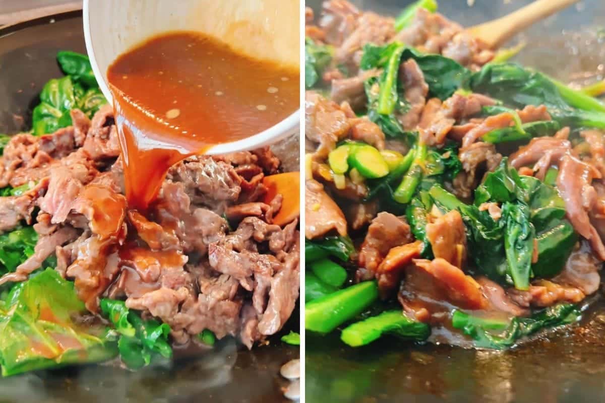 Split image: On the left, brown sauce is poured over sliced beef and Chinese broccoli in a pan. On the right, the Beef with Chinese broccoli is stir-fried together, coated in sauce, and mixed with a wooden spoon.
