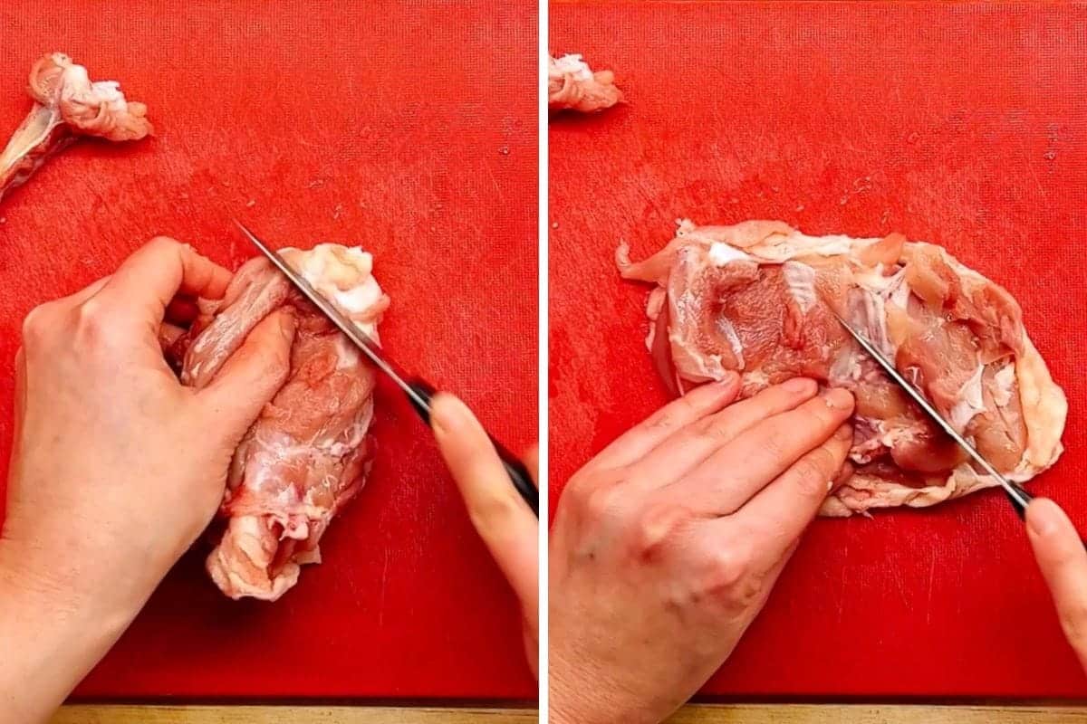 Two images side by side show how to debone chicken thighs: hands use a knife to cut and remove the bone from raw chicken thighs on a red cutting board, with one hand holding the meat while the other slices along the bone.