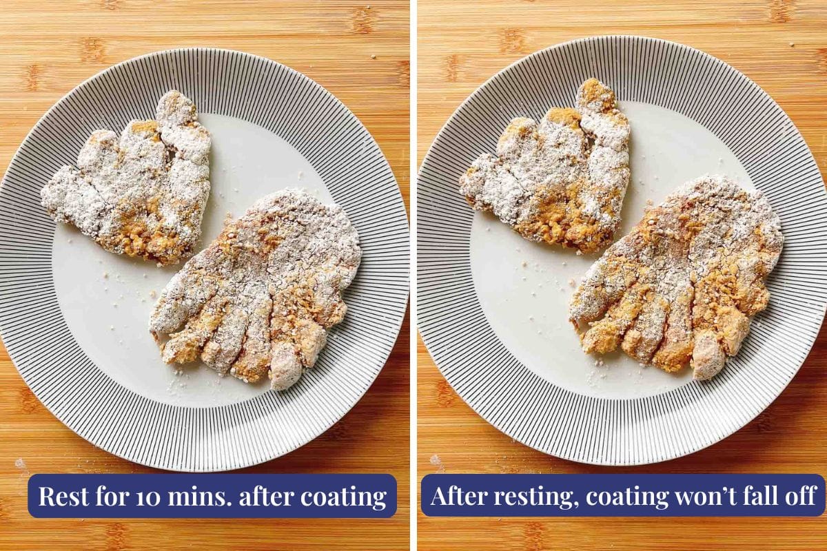 Two plates with coarse starch coated pork chop cutlets on a wooden surface. Left: cutlets with loose coating. Right: cutlets, like a Taiwanese pork chop, after resting—coating appears more set. Captions explain resting helps the coating stay on.