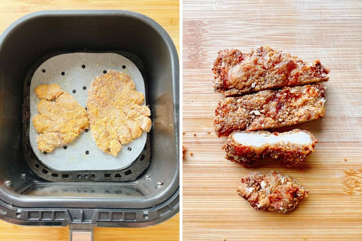 Two starch coated pork chop fillets in an air fryer basket on the left; on the right, cooked and sliced breaded pork chops —crispy and golden like a classic Taiwanese pork chop—rest on a wooden cutting board.