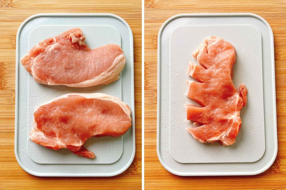 Side-by-side images show two uncooked Taiwanese pork chops on a cutting board (left) and one pork chop with a crisscross pattern of shallow cuts on the surface (right). Both are displayed on a wooden surface.