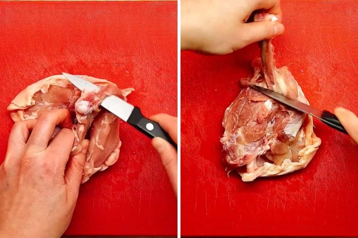 Two images side by side demonstrate how to debone chicken thighs: hands use a small knife on a red cutting board. The left image shows the initial cut near the bone; the right shows slicing along the bone.