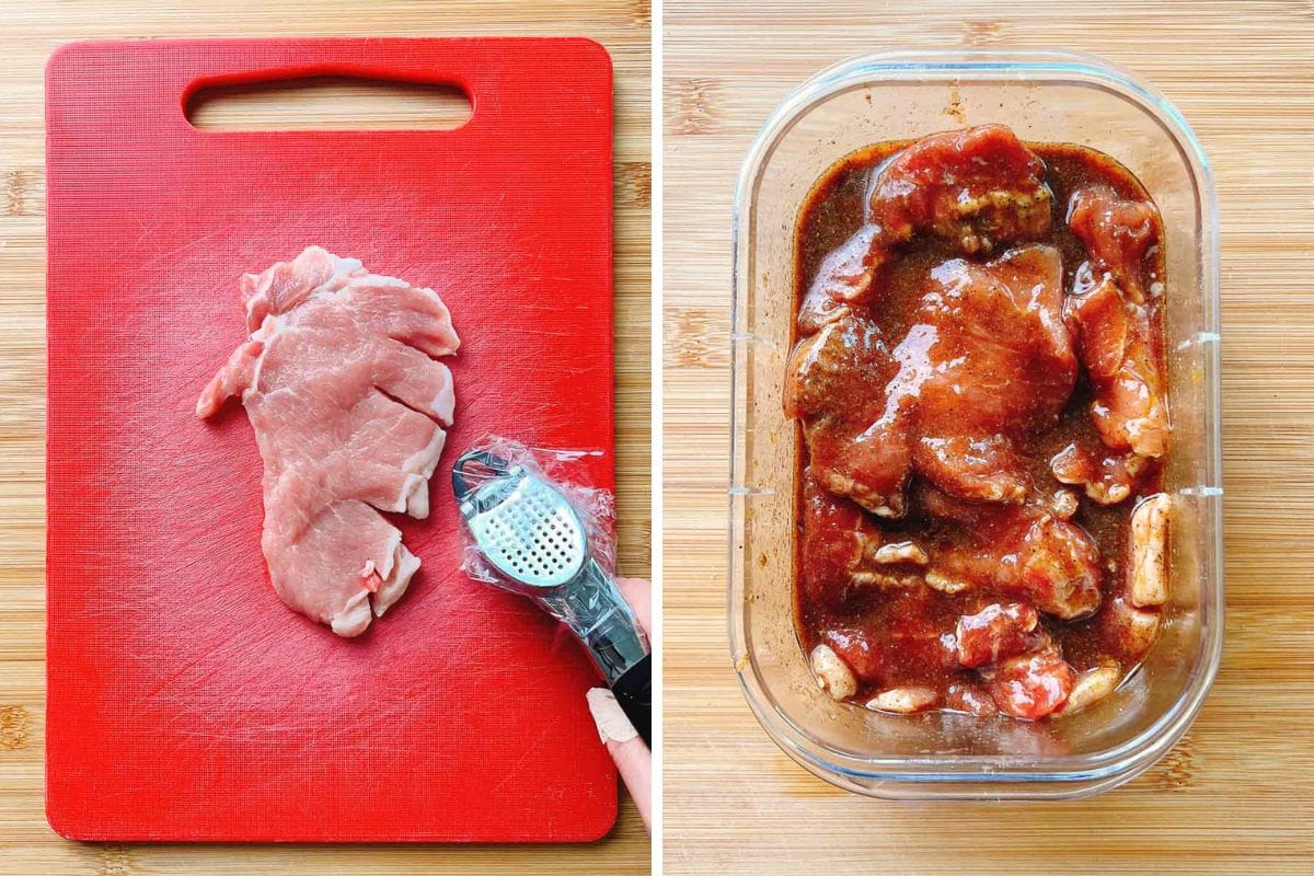 Left: A piece of raw pork, destined to become a flavorful Taiwanese pork chop, is being tenderized with a mallet on a red cutting board. Right: Pork pieces marinate in a dark sauce pork chop marinade in a glass container on a wooden surface.