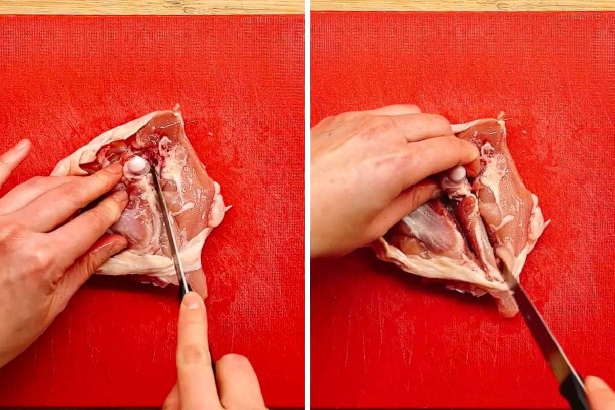 Two images show hands using a knife to cut raw chicken on a red cutting board, clearly demonstrating how to debone chicken thighs by removing the bone from a chicken thigh.