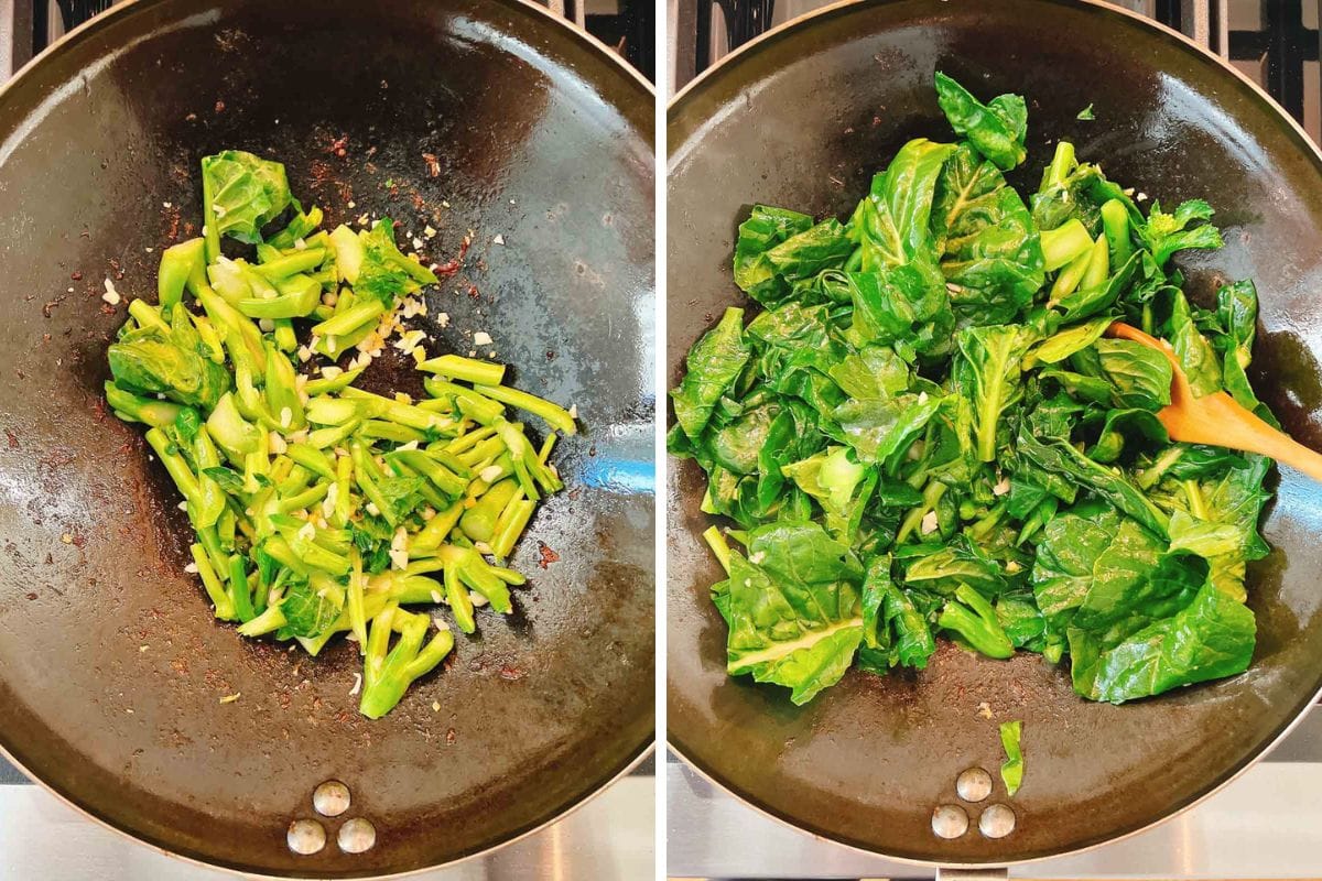 Side-by-side images of a wok on a stove. Left: chopped Chinese broccoli stems being stir-fried with garlic, like in Beef with Chinese broccoli. Right: the same wok with wilted Chinese broccoli leafy parts, mixed and stirred with a wooden spoon.
