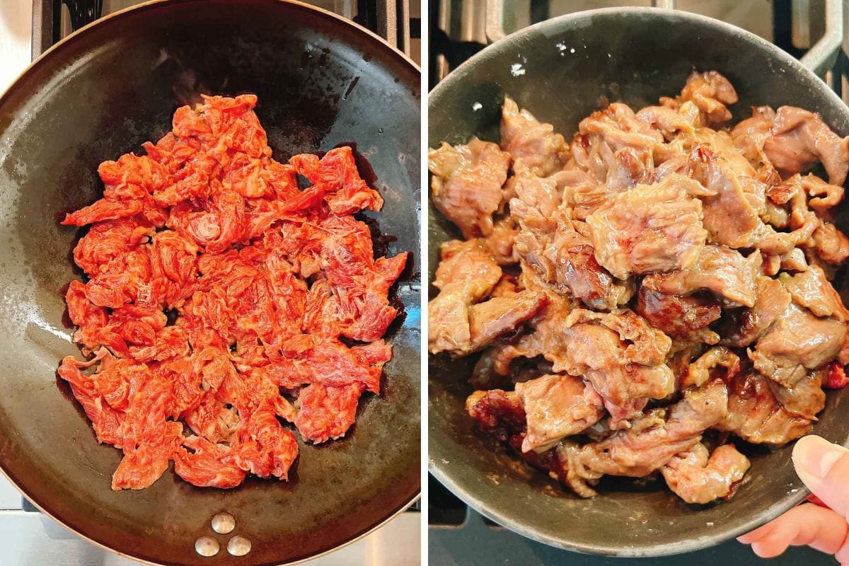 Side-by-side images of a skillet show sliced raw beef on the left in a hot wok and browned beef pieces on the right, both on a stovetop—perfect for preparing Beef with Chinese broccoli.