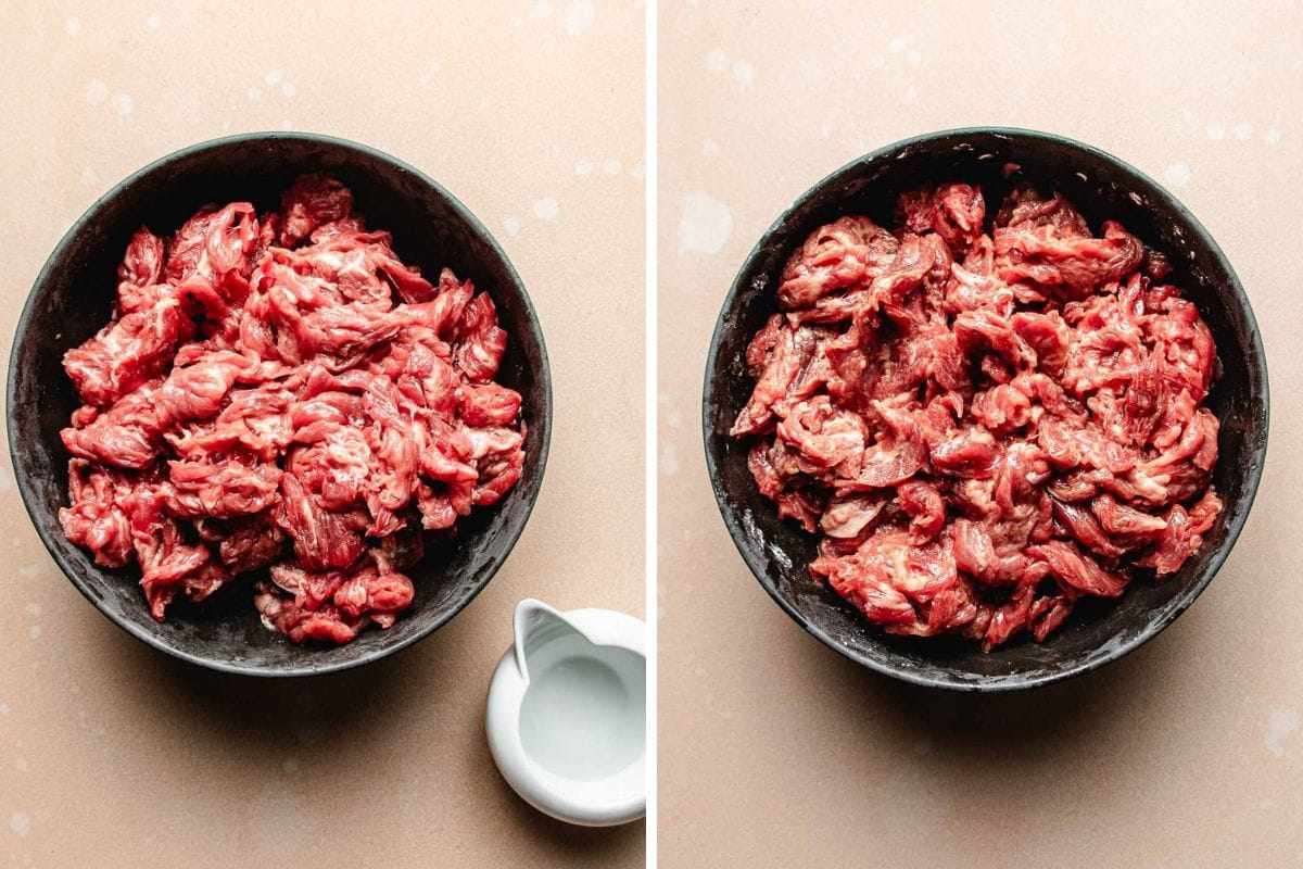 Two side-by-side images show a black bowl filled with raw, sliced beef. On the left, the beef is seasoned; on the right, it's marinated, ready for dishes like Beef with Chinese broccoli. A small white seasoning sauce dish sits near the bowl in the left image.